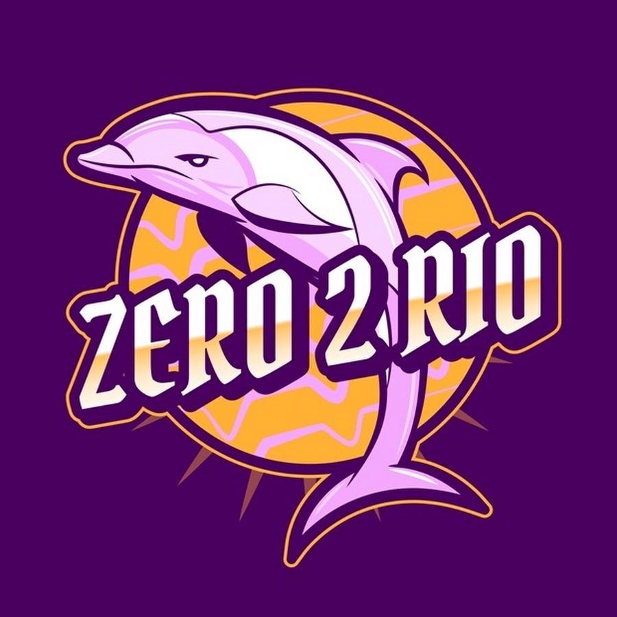 Marca da Zero 2 Rio, com um golfinho rosa saltando na frente de um círculo laranja. As palavras zero 2 rio na frente. Fundo roxo.